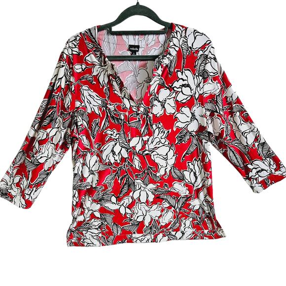 Raffaella Women's L Long Sleeve V-Neck Blouse Bright Red Doodle Flowers Floral - Picture 1 of 7